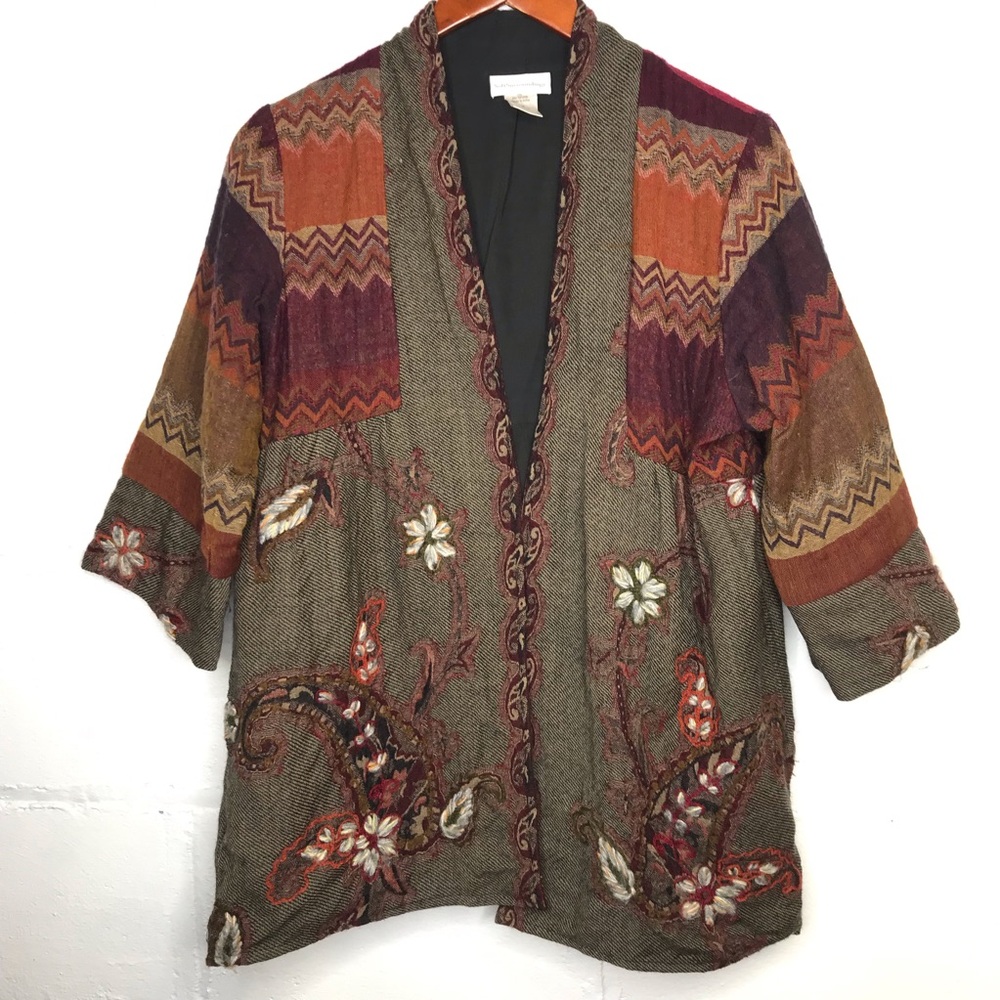 Soft Surroundings Medium Petite Wool Patchwork Open Front Jacket Cardigan Kimono